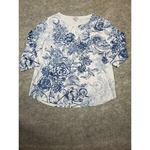 Nikki Petite Women's M Blue & White Floral Blouse Silver Rhinestones 3/4 Sleeve